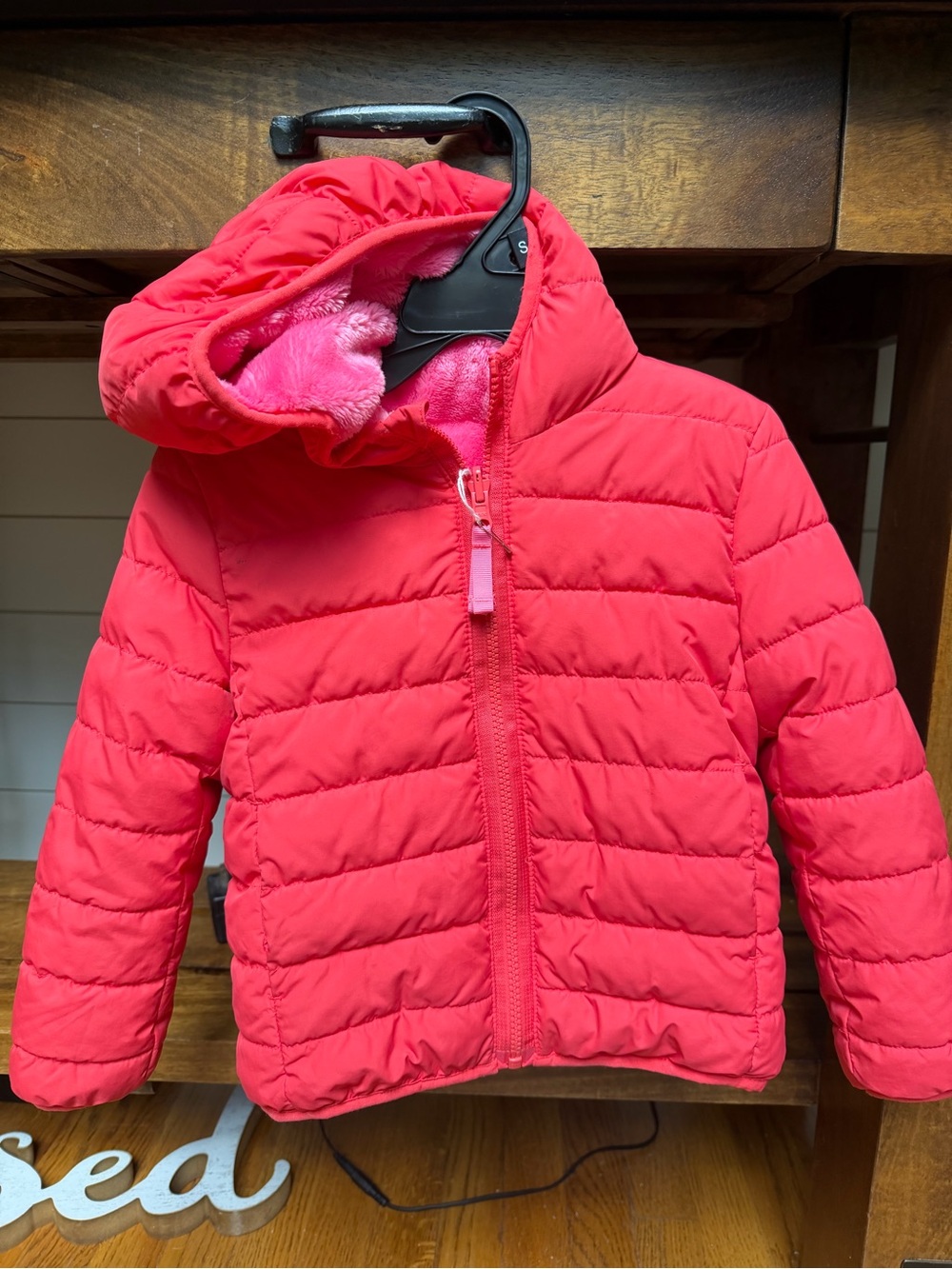 Primary Kids REVERSIBLE hooded fleece puffer jacket, Girls Size 3 Coat
